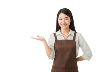  Happy smiling confident woman in an apron, presenting, isolated on a transparent background
