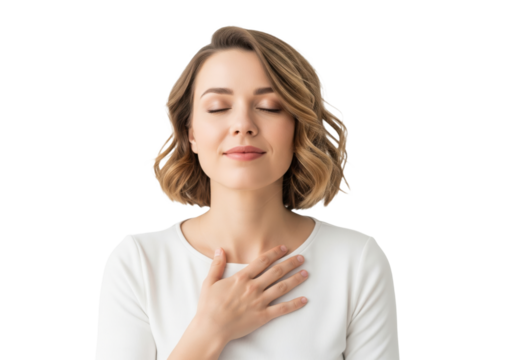 Peaceful beautiful young woman with closed eyes, hand on chest, isolated on a transparent background