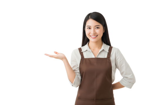 Happy smiling confident woman in an apron, presenting, isolated on a transparent background - Powered by Adobe
