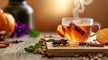Hot spiced tea with cinnamon and orange for autumn fall banner with copy space