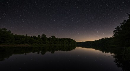 Vast Starfield Mirrored on a Glassy Lake with Distant Horizon Glow