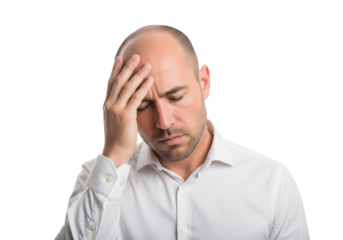 Depressed sad man with hand on head, looking down, isolated on a transparent background