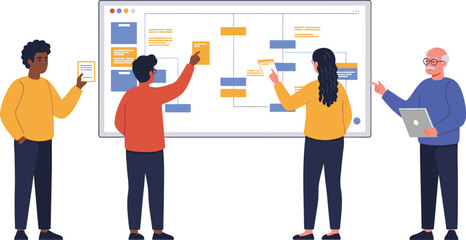 Business Vector Illustration of Planning Meeting with People and Flowchart Diagram in Modern Minimalist Style