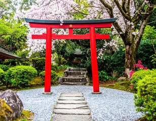 Red torii gate in a Japanese garden with cherry blossoms