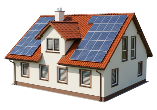 Small cottage house model with solar panels on the roof, an illustration for real estate business and new property sale