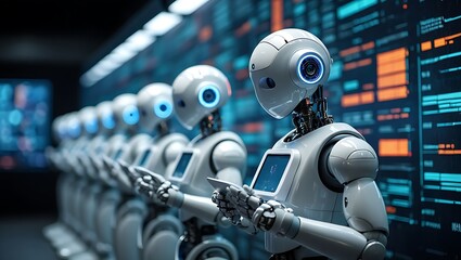 Row of identical white humanoid robots holding digital tablets in a futuristic server room or data center.