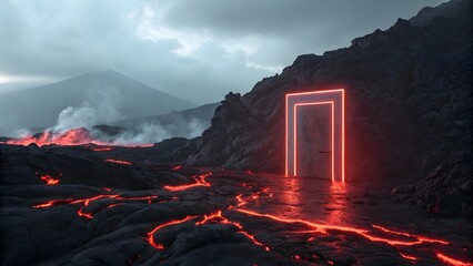 Mysterious Glowing Portal in a Volcanic Landscape with Lava Flows and Foggy Mountains