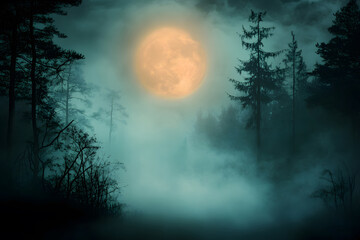 Fototapeta premium Atmospheric Halloween background with moonlight and misty trees.