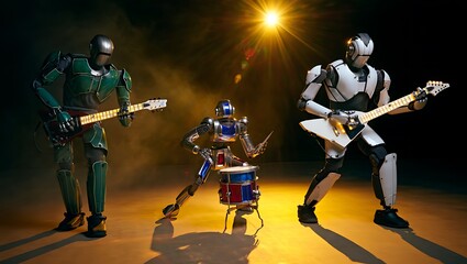Naklejka premium Three humanoid robots performing a rock concert on stage, with two playing electric guitars and one drumming under a bright spotlight.