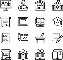 Collection of educational icons representing online learning classroom teaching academic institutions diplomas research and student activities for modern education concepts