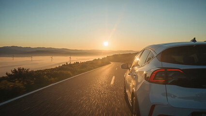 Fototapeta premium Electric Mountain Drive: Scenic Electric Car Journeys