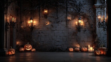 dark haunted halloween interior, spooky stone wall with twisted roots and hanging vines, glowing candles on wrought iron sconces, jack-o-lanterns on the floor with creepy carved faces, dim moody light