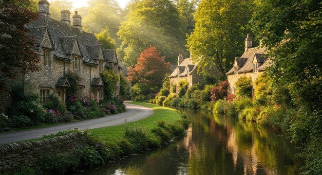 Idyllic Arlington Row Cottages Bathed in Golden Morning Light, Bibury