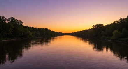 Symmetrical River Reflecting a Vivid Twilight Gradient of Purple and Gold