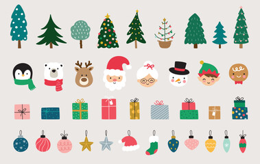 Cute Christmas Santa Claus and holiday items hand-drawn vector illustration set that includes Mrs. Claus, Christmas trees, reindeer, penguin, polar bear, gifts, ornaments, elf, etc.