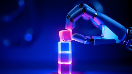 Sleek robotic hand with glowing blue accents precisely stacking luminous, translucent cubes against a vibrant blue and pink background.