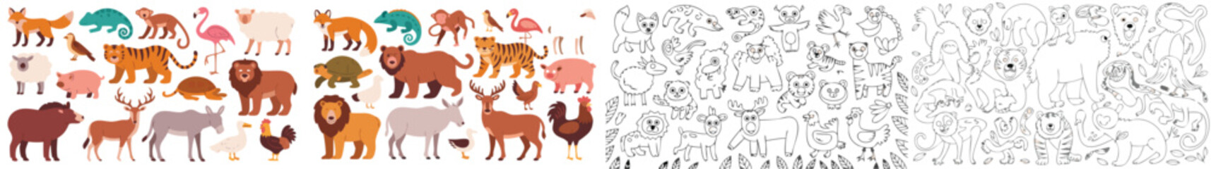 Obraz premium Cartoon Animal Collection Featuring Lion, Tiger, Monkey, Bird, Bear and Sketches for Coloring Book