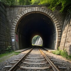 Railway Track Leading into a Dark Stone Tunnel