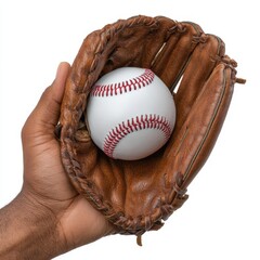 Hand holding baseball in glove isolated on white background