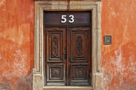 Ornate Wooden Door Number 53 of Historical Building, with Textured Wall. Architecture