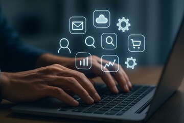 Person typing on laptop with digital icons floating above keyboard