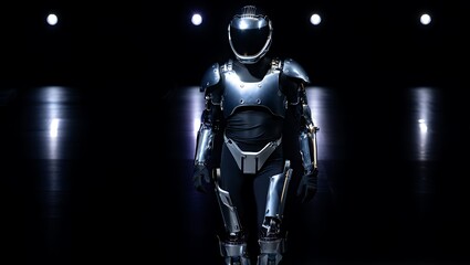 Fototapeta premium Striking full metallic robot suit with a dark visor standing powerfully on a lit runway against a dark background.