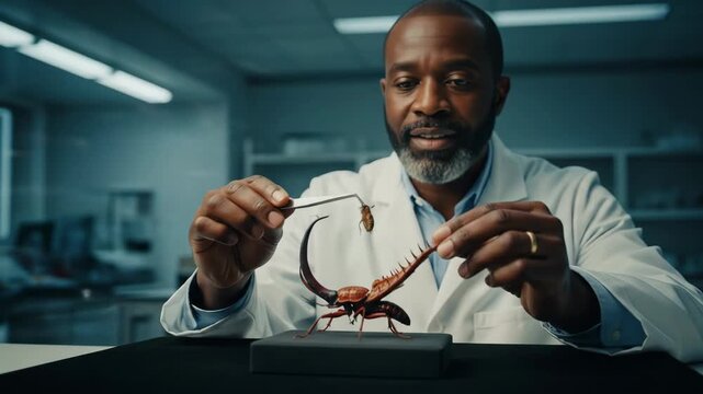 Scientist in Laboratory Carefully Examining a Scorpion Specimen with Precision Instruments