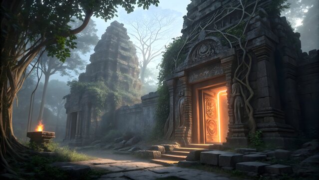Mysterious Ancient Temple Entrance with Glowing Portal and Forest Surroundings