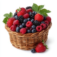 Fresh mixed berries in wicker basket isolated on white background