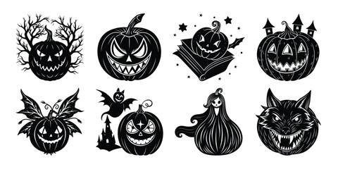 Spooky Fairytale Pumpkin Faces – Dark Fantasy Halloween Silhouette Vector.