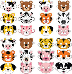 Fototapeta premium Collection of Cartoon Animal Masks Cow, Bear, Tiger, Zebra, Cat, Dog, Leopard, Pig