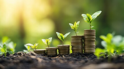 A visual representation of financial growth, showcasing green plants sprouting from stacks of coins. This imagery symbolizes investment, prosperity, and sustainable development in a vibrant, natural