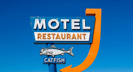 A retro motel and restaurant sign featuring a catfish illustration against a bright blue sky. The vintage signage suggests roadside travel and dining