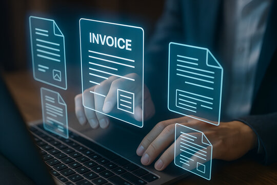 Digital invoice management and financial document processing on a futuristic interface