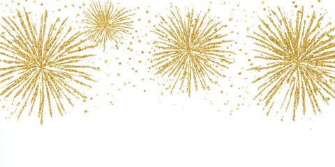 Gold fireworks bursts on white background