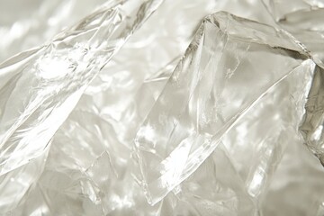 Obraz premium A close-up of crinkled transparent cellophane plastic with sharp folds and light reflections, showcasing glossy highlights and a minimalist background.