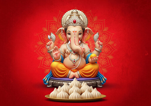Lord Ganesha illustration for Ganesh Chaturthi festival, with modak sweets on a red mandala background. - Powered by Adobe