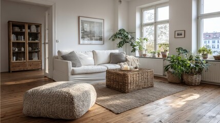 Obraz premium Wicker and fabric pouf near white corner sofa. Minimalist interior design of modern living room.