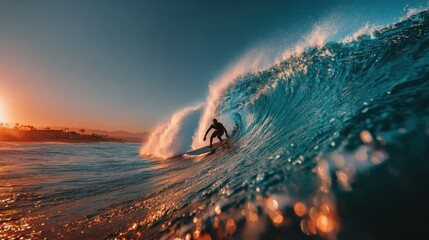 Surfer riding a giant wave at golden hour