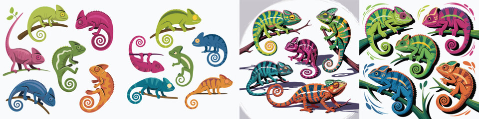Obraz premium Colorful Chameleon Cartoon Illustration Green, Purple, Blue, and Orange Lizards on Branches With Curly Tails