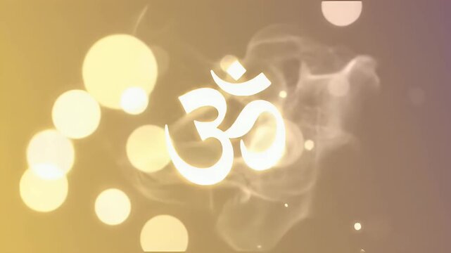 Minimalist Piodalan-themed animation with light cream to saffron gradient, abstract glowing Balinese Om symbol softly pulsing in the background