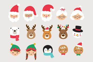 Cute Christmas characters vector illustration featuring Santa Claus, Mrs. Claus, reindeer, snowmen, elves, penguins, polar bears, and gingerbread men.