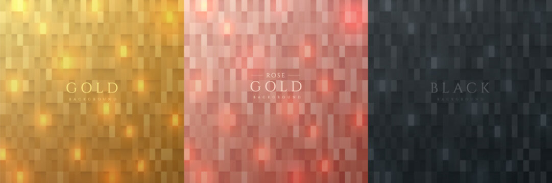 Set of golden, rose gold and black abstract square shape pattern, Luxury 3D geometric pattern background. Can use for cover, artwork, print ad, poster, web banner. Simple and minimalist. Vector EPS10.