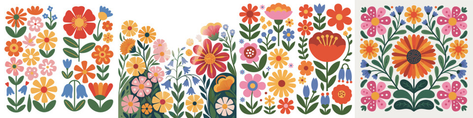 Colorful Flower Patterns Whimsical Floral Art with Bold Botanical Illustration and Vibrant Spring Colors