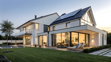 Modern Luxury Villa with Swimming Pool and Garden at Dusk with solar panel