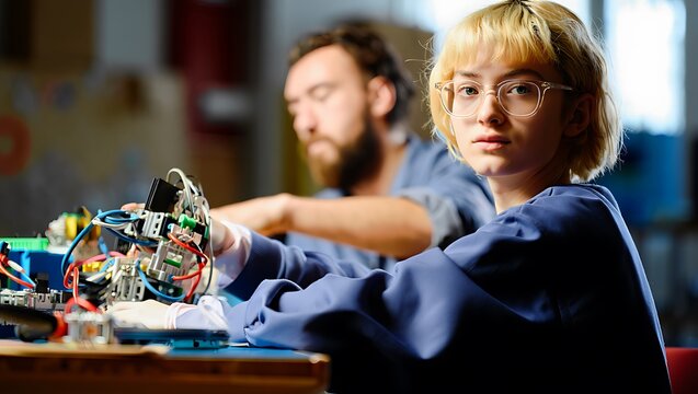 Young person with glasses intently working on complex robot electronics with an adult mentor in a workshop. - Powered by Adobe