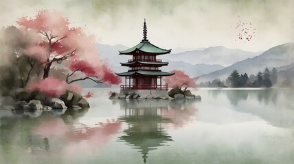 Obraz premium Serene Japanese pagoda by tranquil water with cherry blossom trees