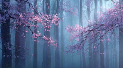 ethereal misty forest with tall dark trees, soft blue fog, branches blooming with delicate pink cherry blossoms, sunlight filtering through the mist