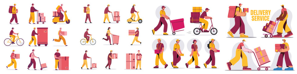 Delivery Service Workers Transporting Packages via Scooter, Bike, Carts, and Hand, Set on White