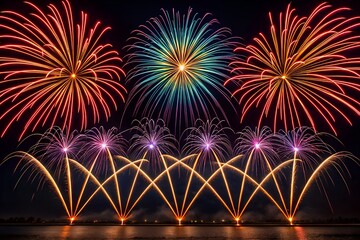 Colorful Fireworks Explode Over Dark Water Reflecting Lights celebration night